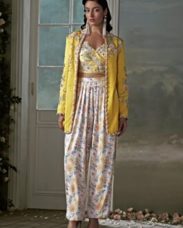 Ivory And Yellow Taffeta Silk Jacket Trouser Set With Corset