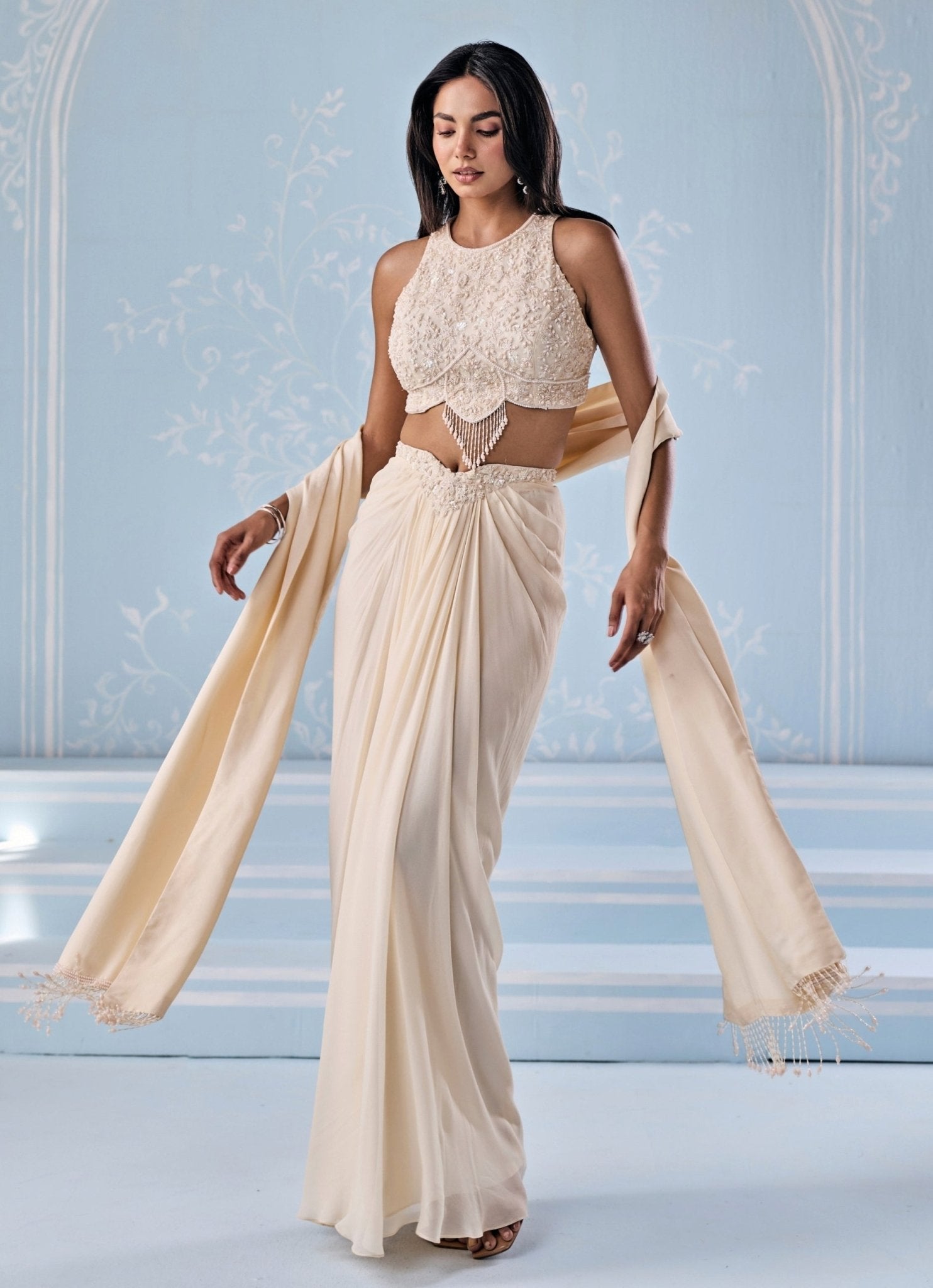 Ivory Georgette Draped Skirt Set