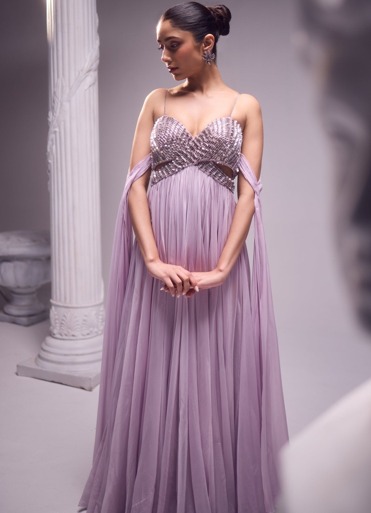 Lilac Embroidered Off Shoulder Gown