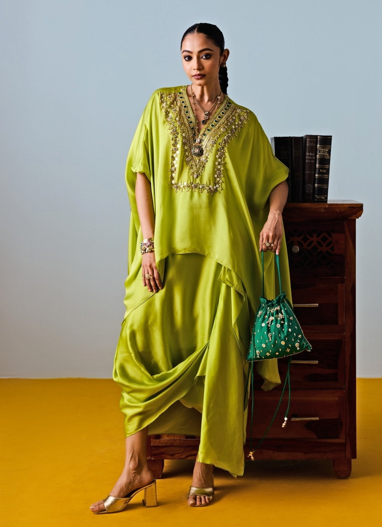 Lime Green Satin Silk Tunic With Drape Skirt
