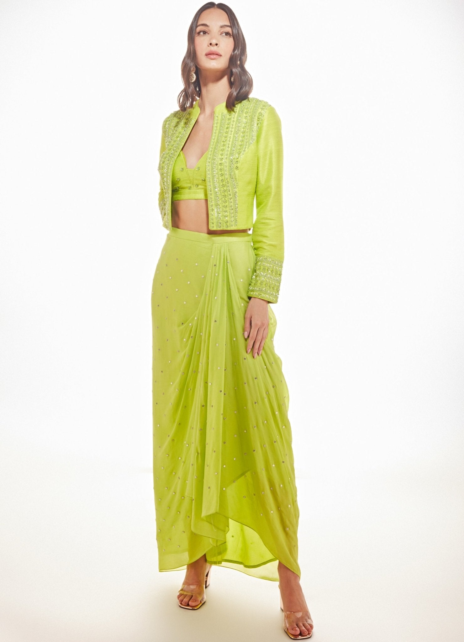 Lime Green Drape Skirt And Jacket Set