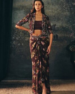 Maroon Red Crepe Drape Skirt Set With Short Jacket