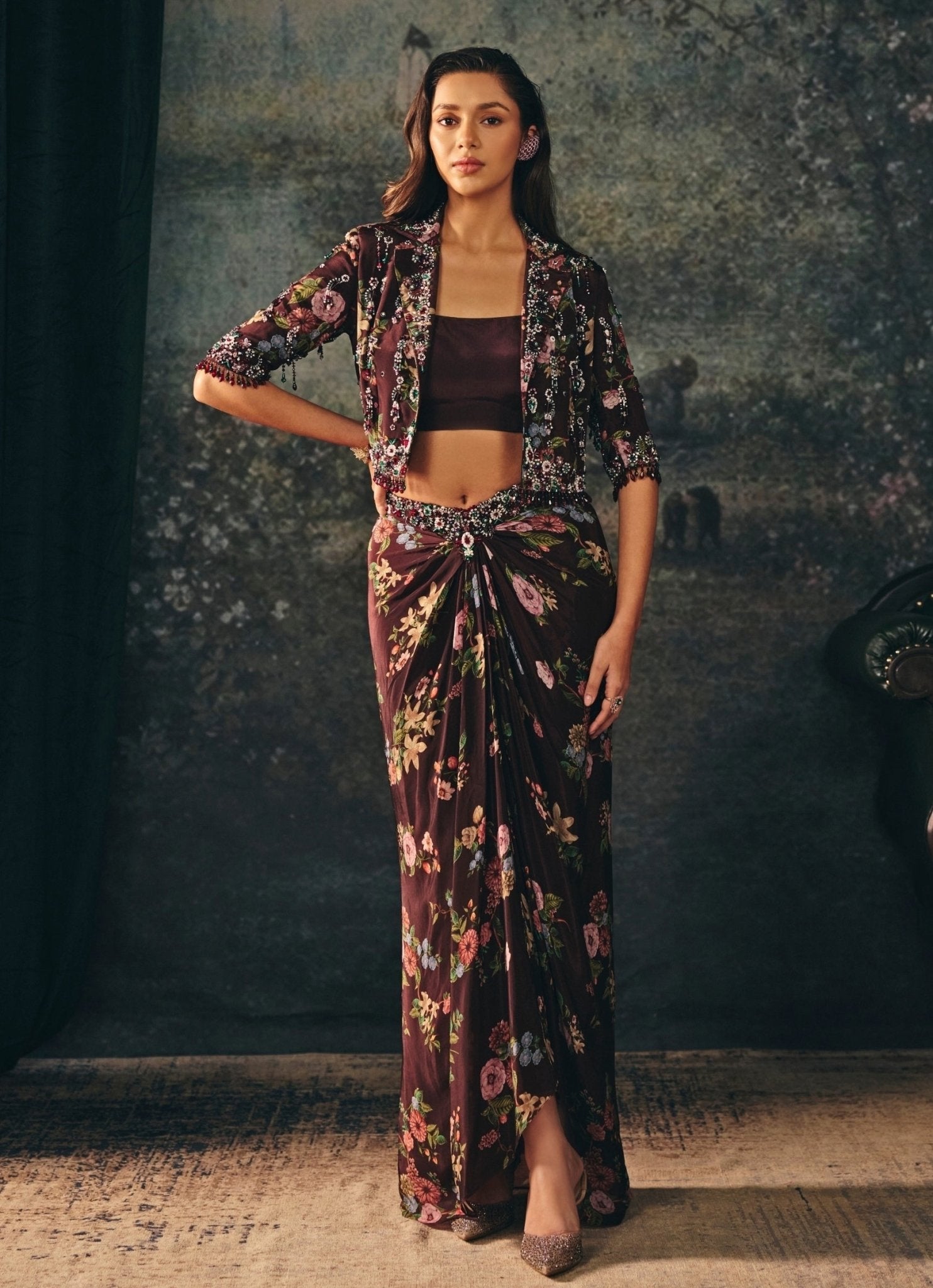 Maroon Red Crepe Drape Skirt Set With Short Jacket