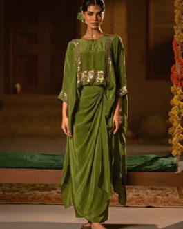 Mehendi Green Crepe Silk Wrap Skirt Set
