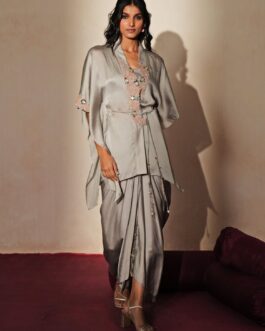 Metallic Grey Embroidered Satin Drape Skirt Set