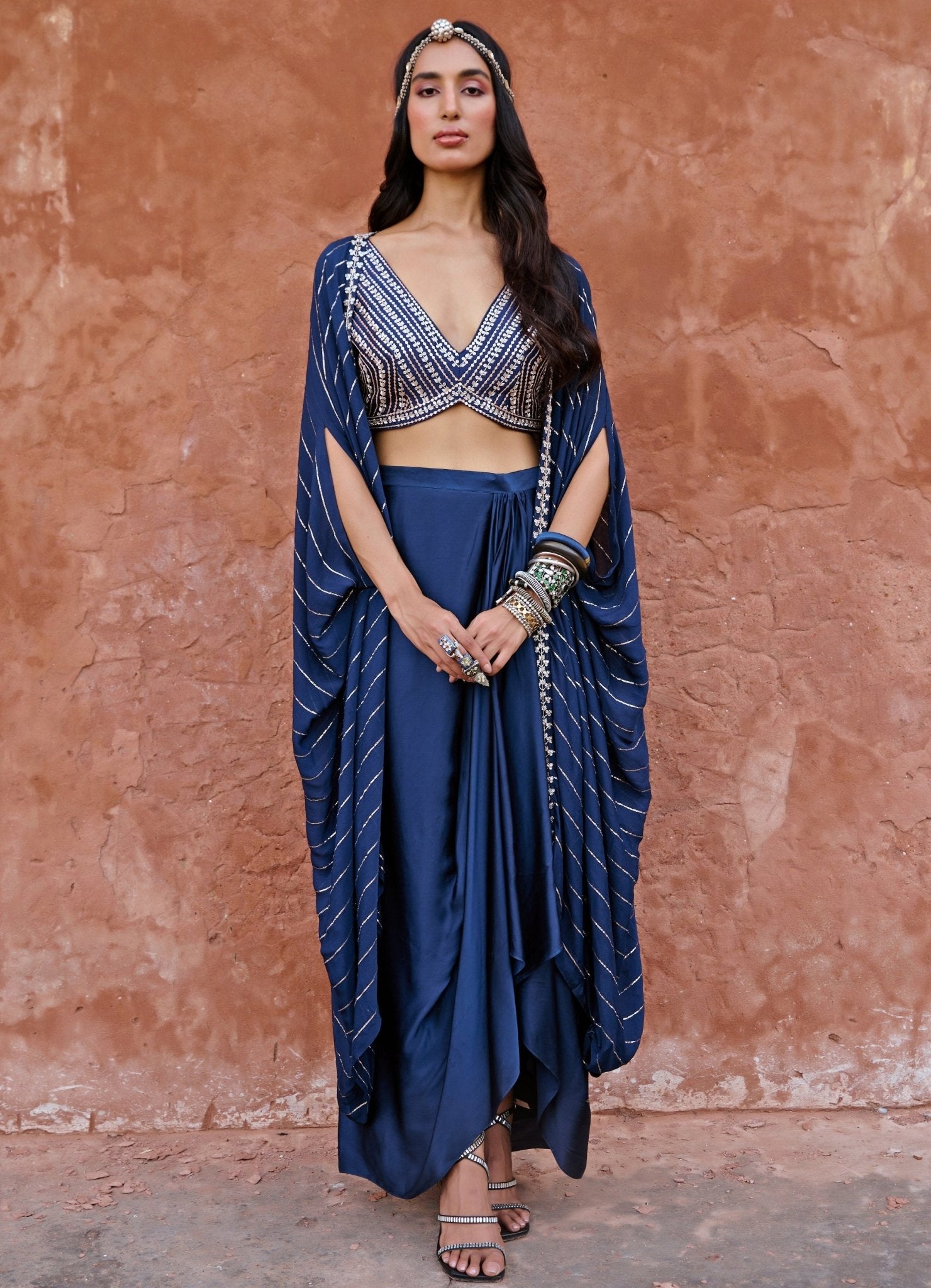 Midnight Blue Drape Skirt And Cape Set