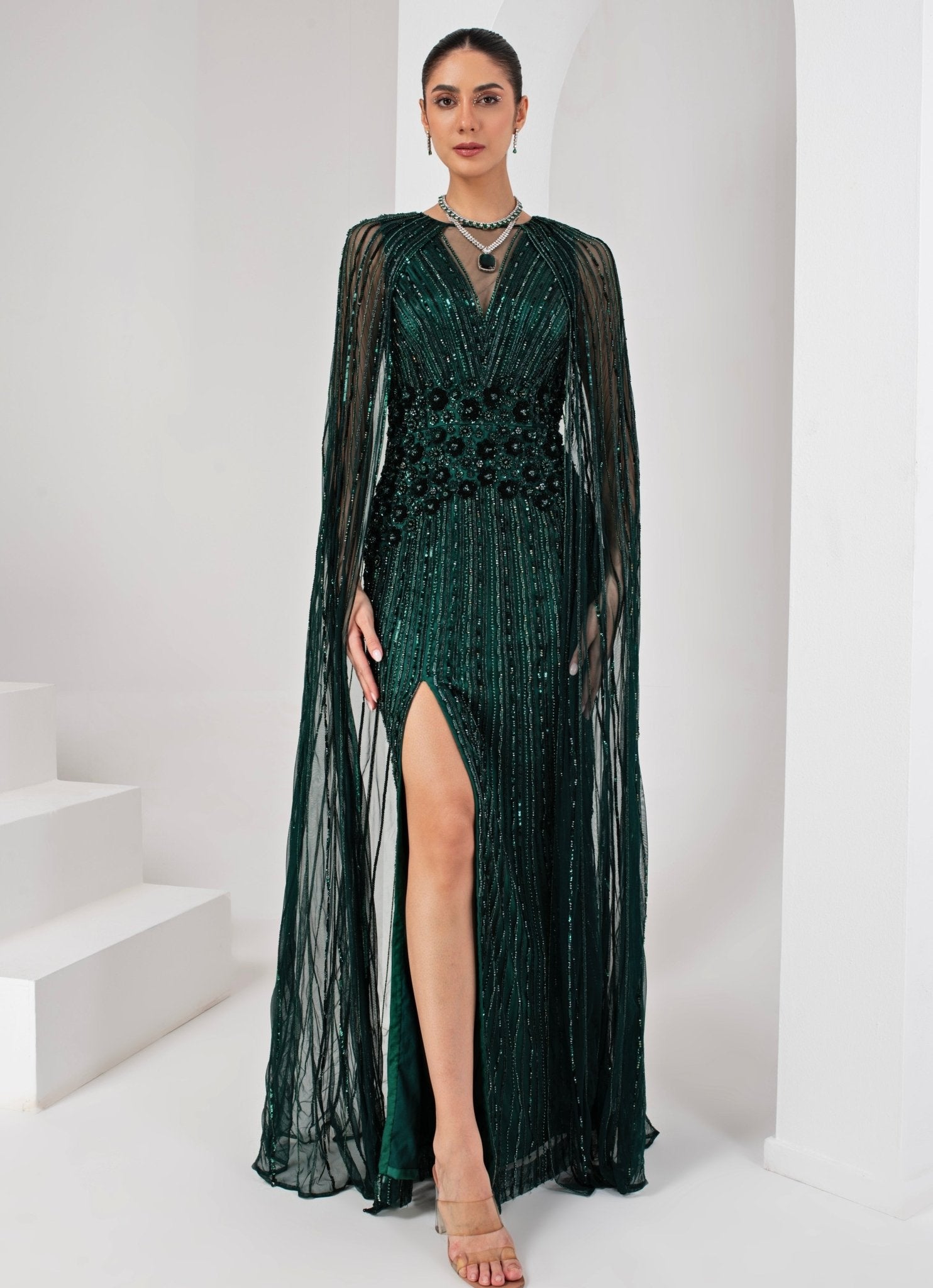Midnight Green Embroidered Gown With Cape