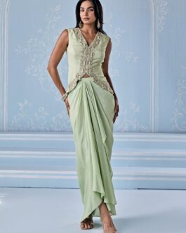 Mint Green Silk Draped Skirt With Jacket