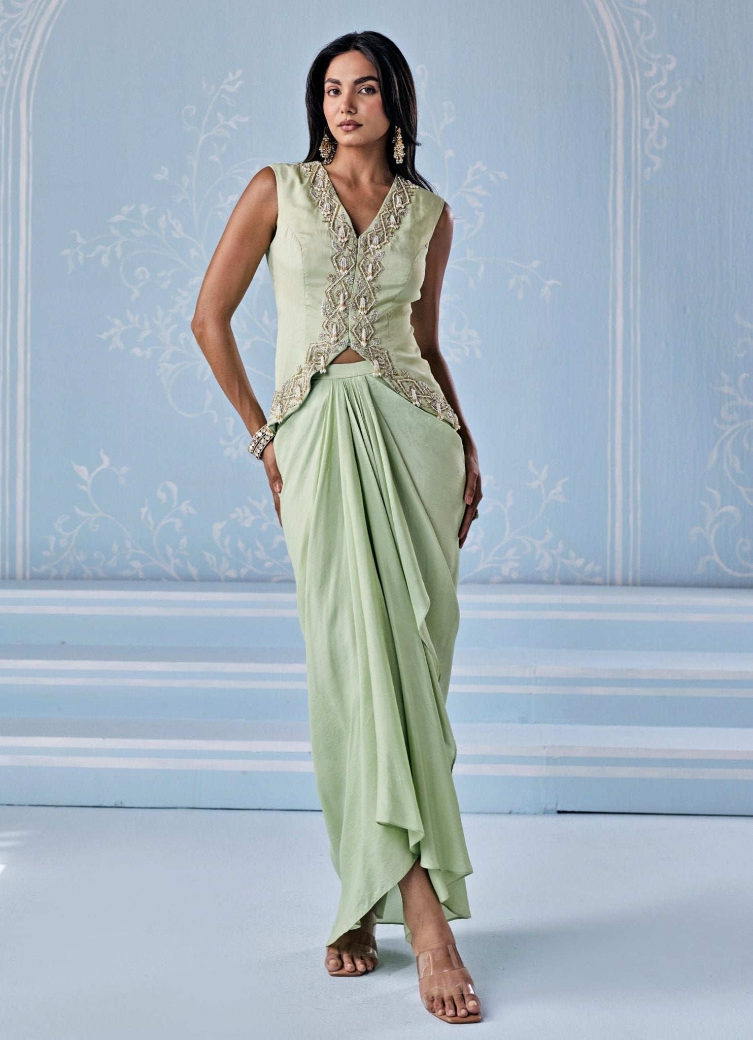 Mint Green Silk Draped Skirt With Jacket