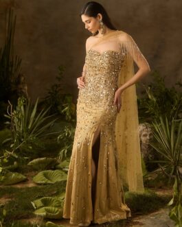 Molten Gold Sequinned Off Shoulder Gown