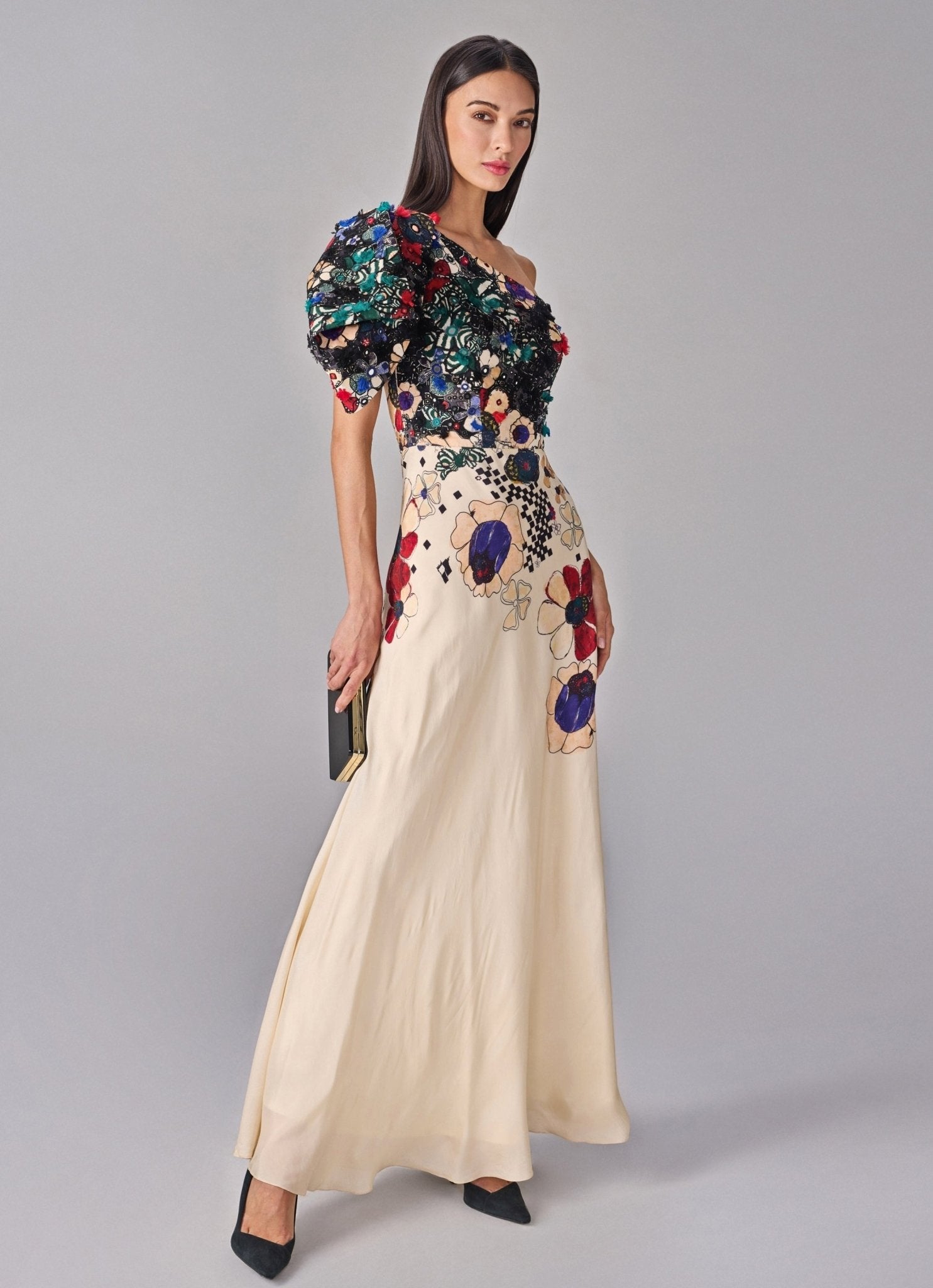 Multicolour Floral Print One Shoulder Gown