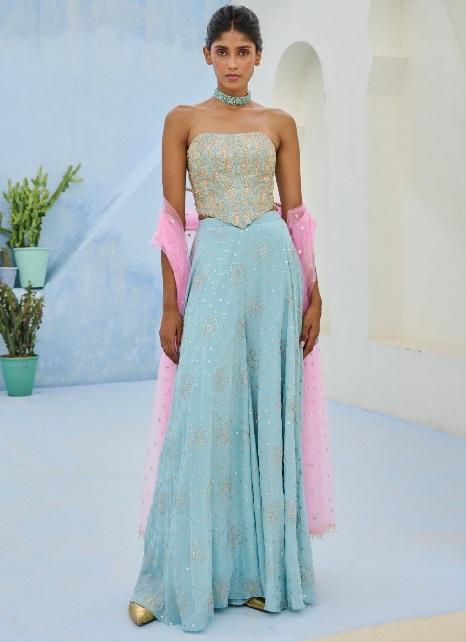 Muted Blue And Pink Crepe Corset Pants Set