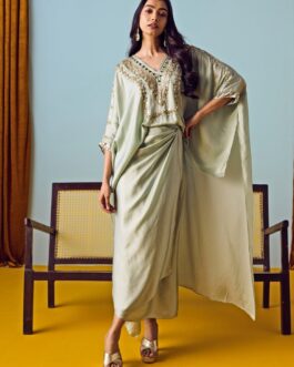 Muted Sage Green Satin Silk Wrap Skirt Set