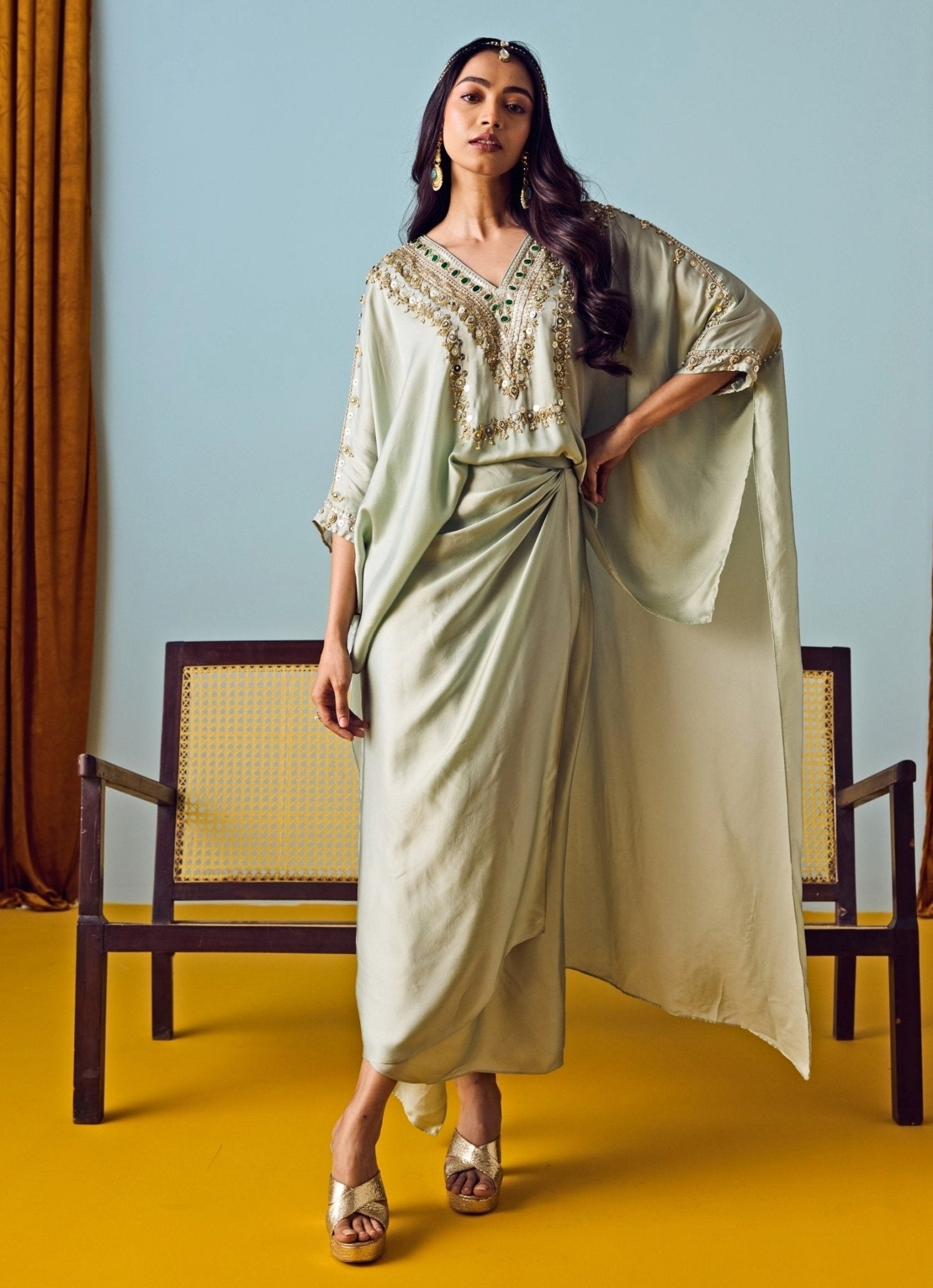 Muted Sage Green Satin Silk Wrap Skirt Set