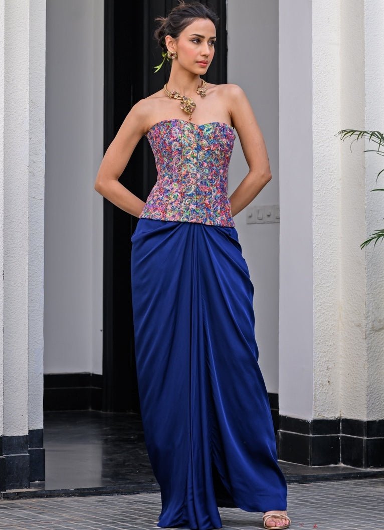 Navy Blue Satin Dhoti Skirt With Sequins Corset