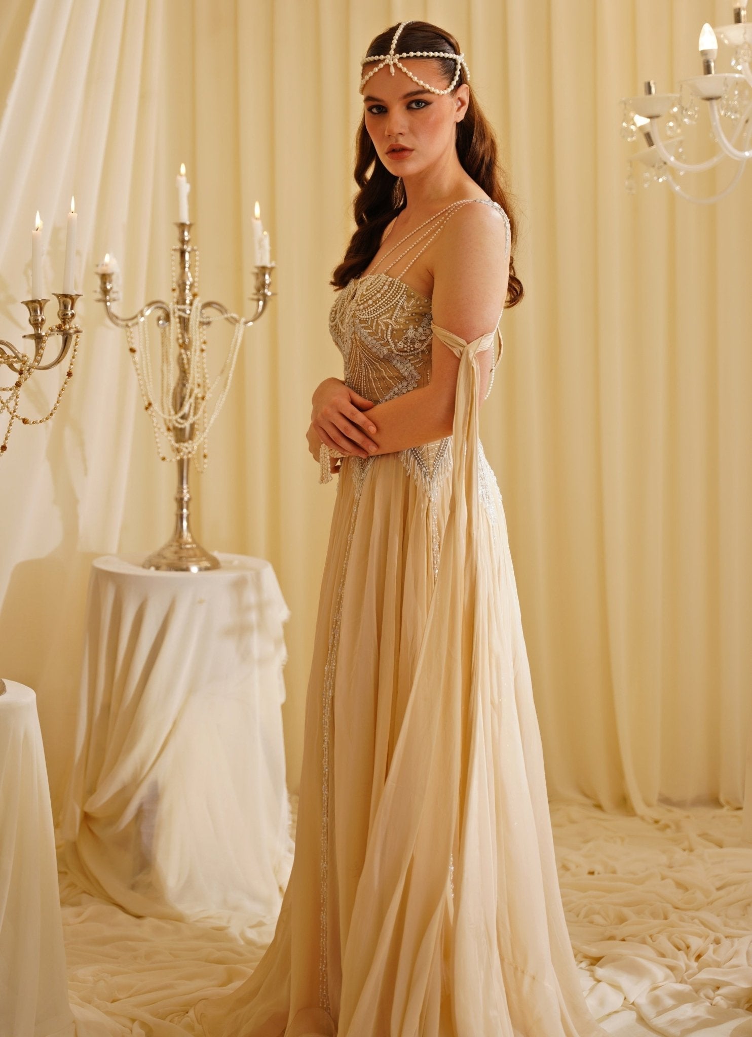 Gold Embroidered Draped Gown