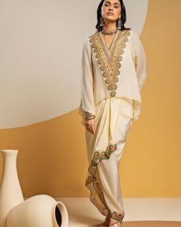 Off White Embroidered Crepe Drape Skirt Set