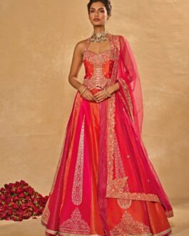 Orange And Pink Dupion Silk Corset Lehenga