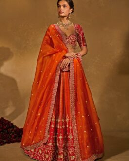 Orange And Red Raw Silk Ombre Lehenga