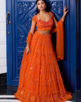 Orange Sequins Embroidered Net Lehenga