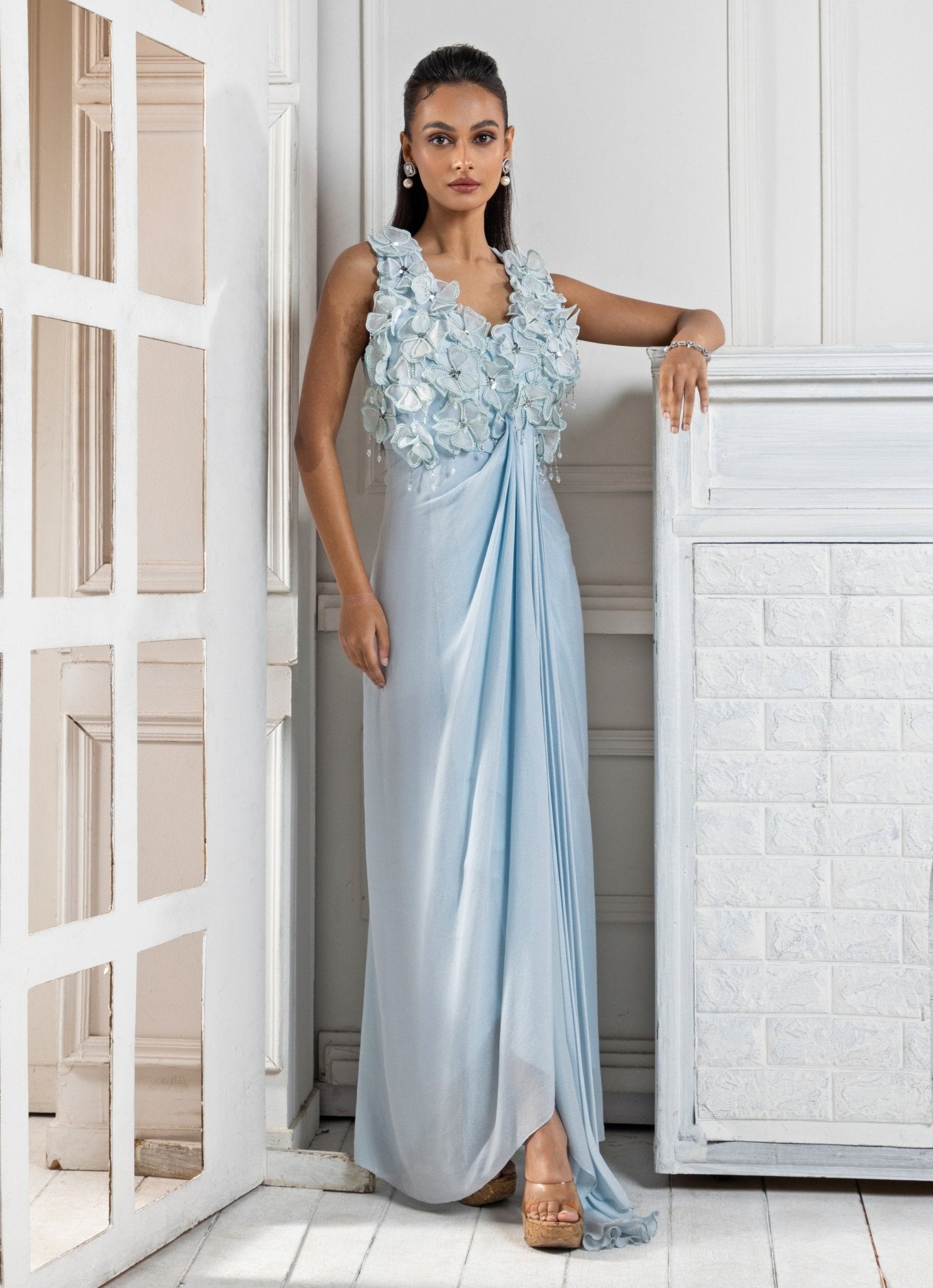 Pastel Blue Floral Embroidered Gown