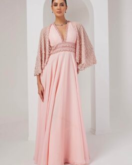 Pastel Pink Embroidered Georgette Gown With Cape