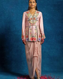 Pastel Pink Organza Drape Skirt Set With Peplum Top