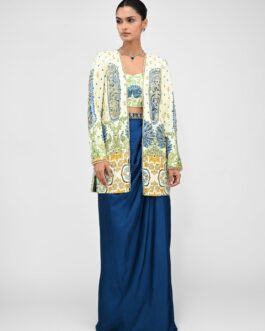 Peacock Blue Cowl Skirt Set With Printed Embroidered Blazer
