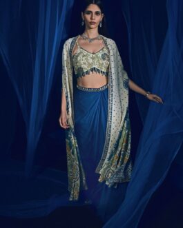 Peacock Blue Dhoti Skirt With Ivory Printed Cape