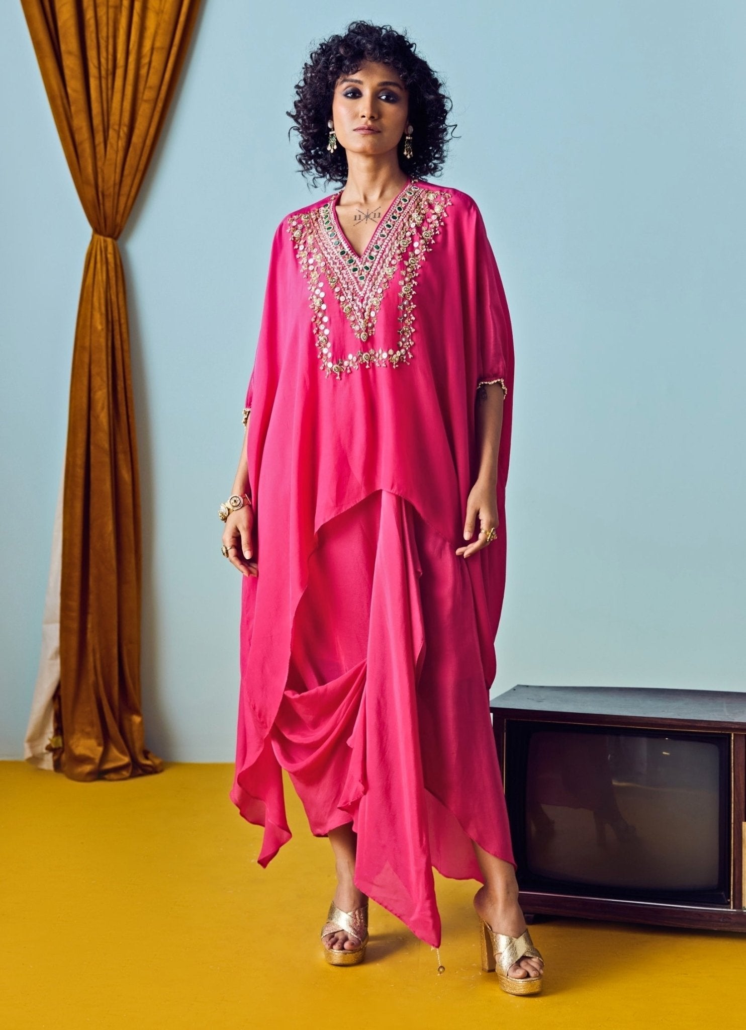 Pink Crepe Silk Tunic With Drape Skirt