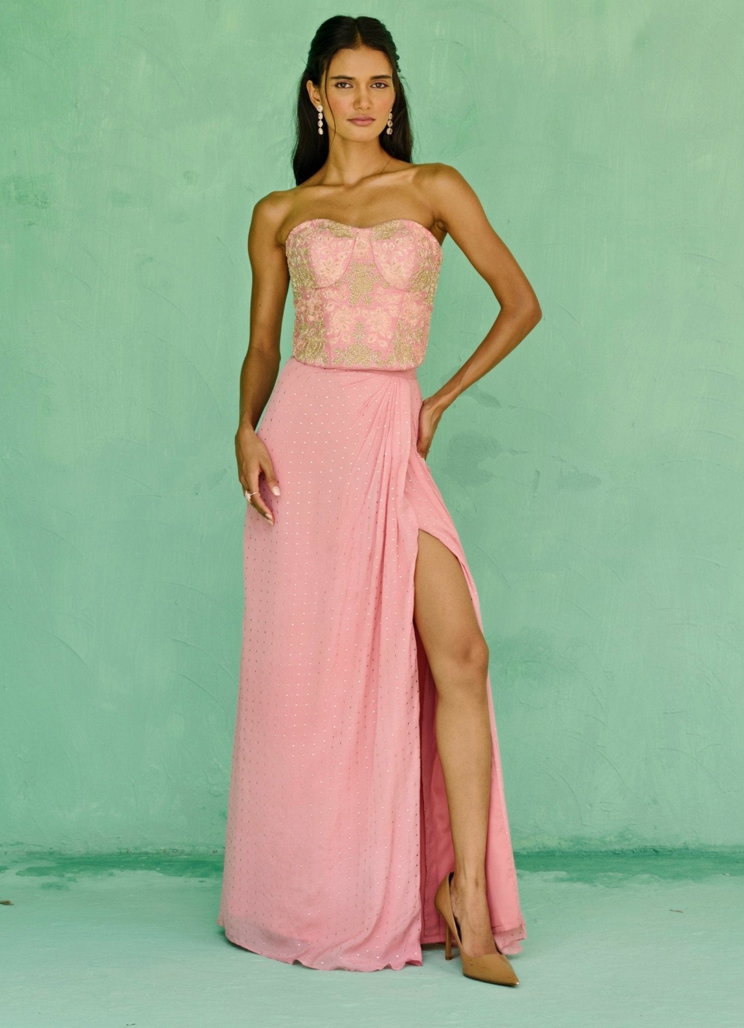 Pink Georgette Drape Skirt With Corset