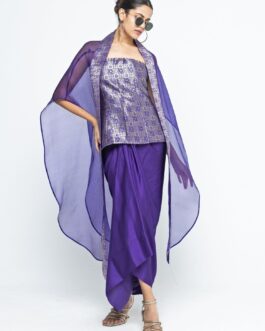 Purple Brocade Tube Top With Drape Skirt
