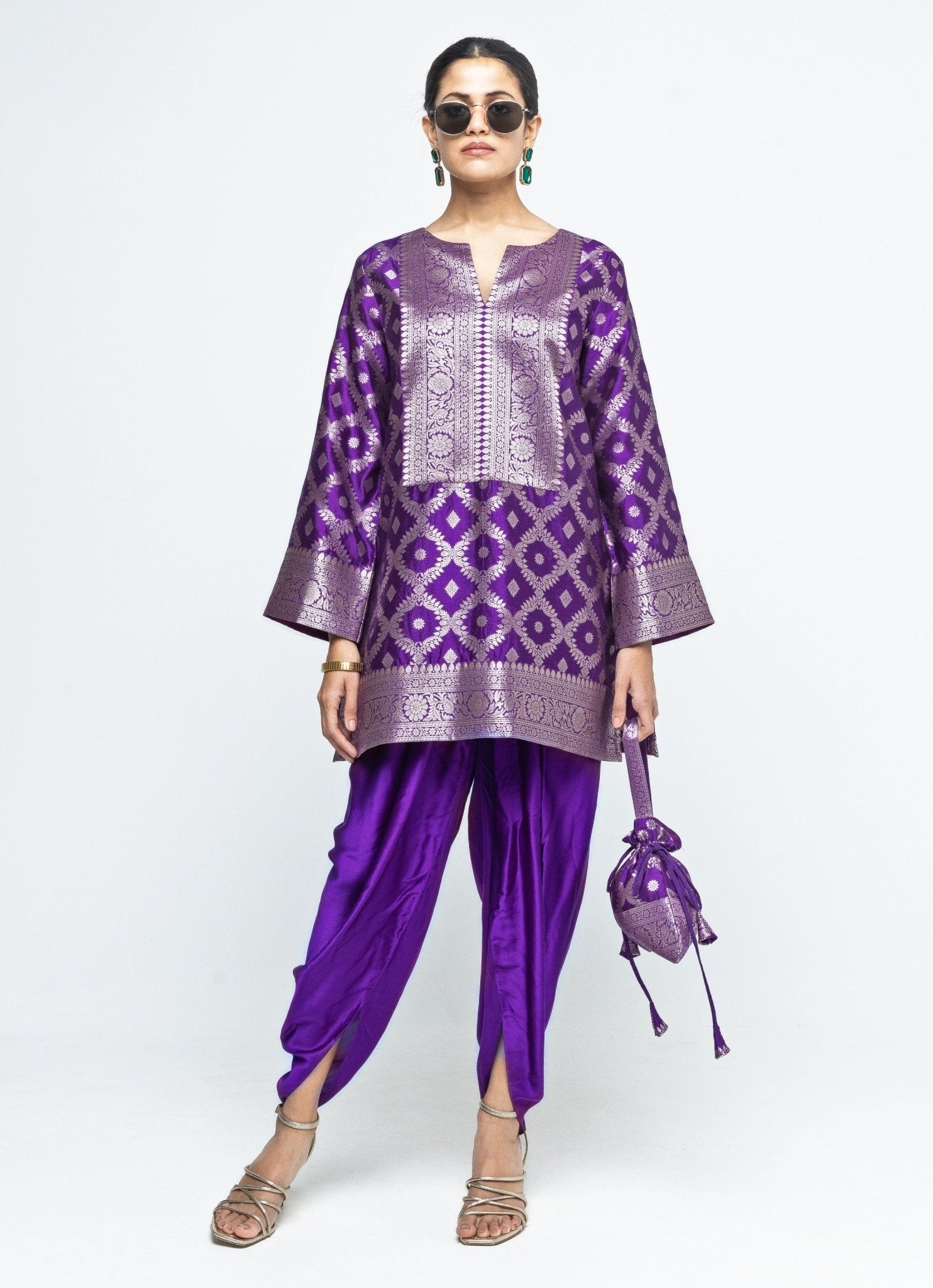 Purple Jaal Silk Kurta Dhoti Set