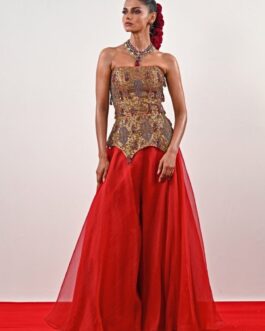 Red And Gold Organza Flared Pants With Corset