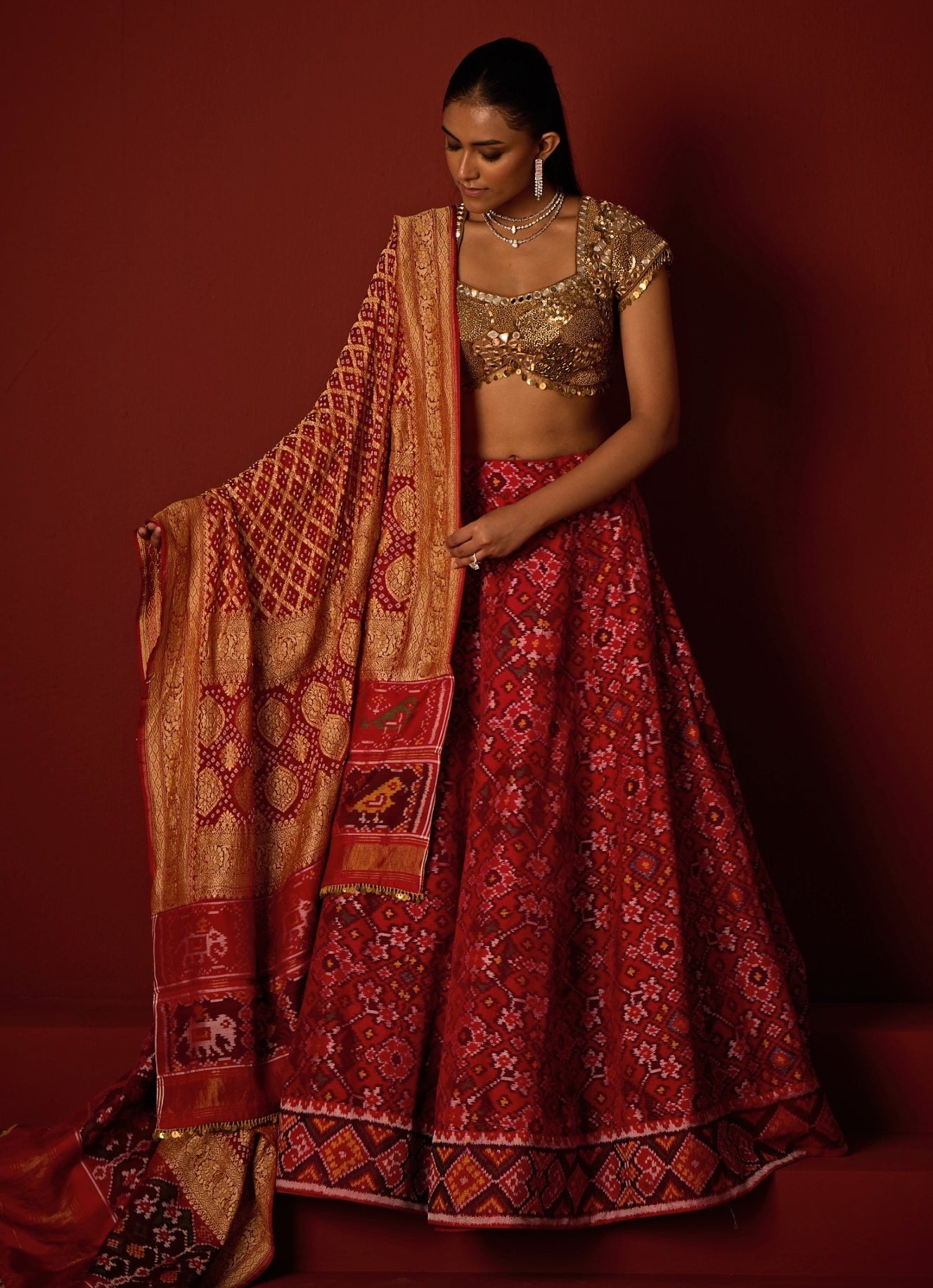 Red And Gold Patola Silk Lehenga Set
