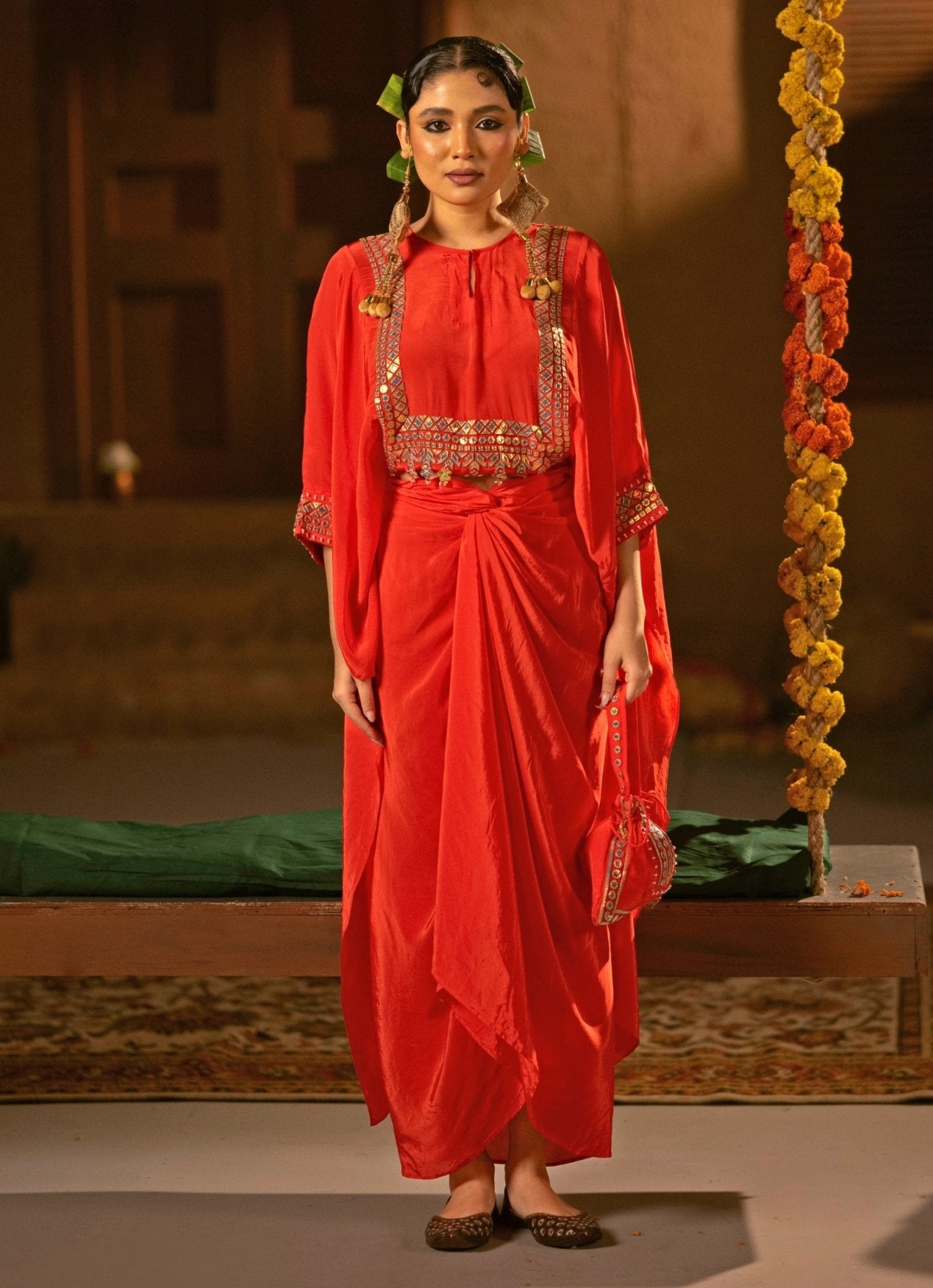 Red Crepe Silk Wrap Skirt