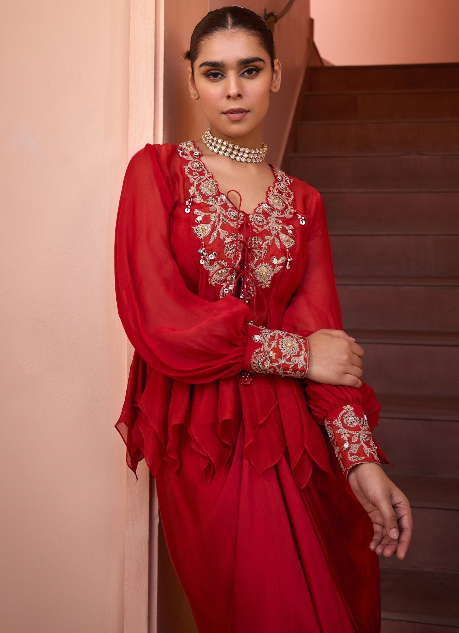 Red Embroidered Organza Shirt