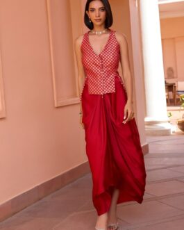 Red Embroidered Satin Skirt Set