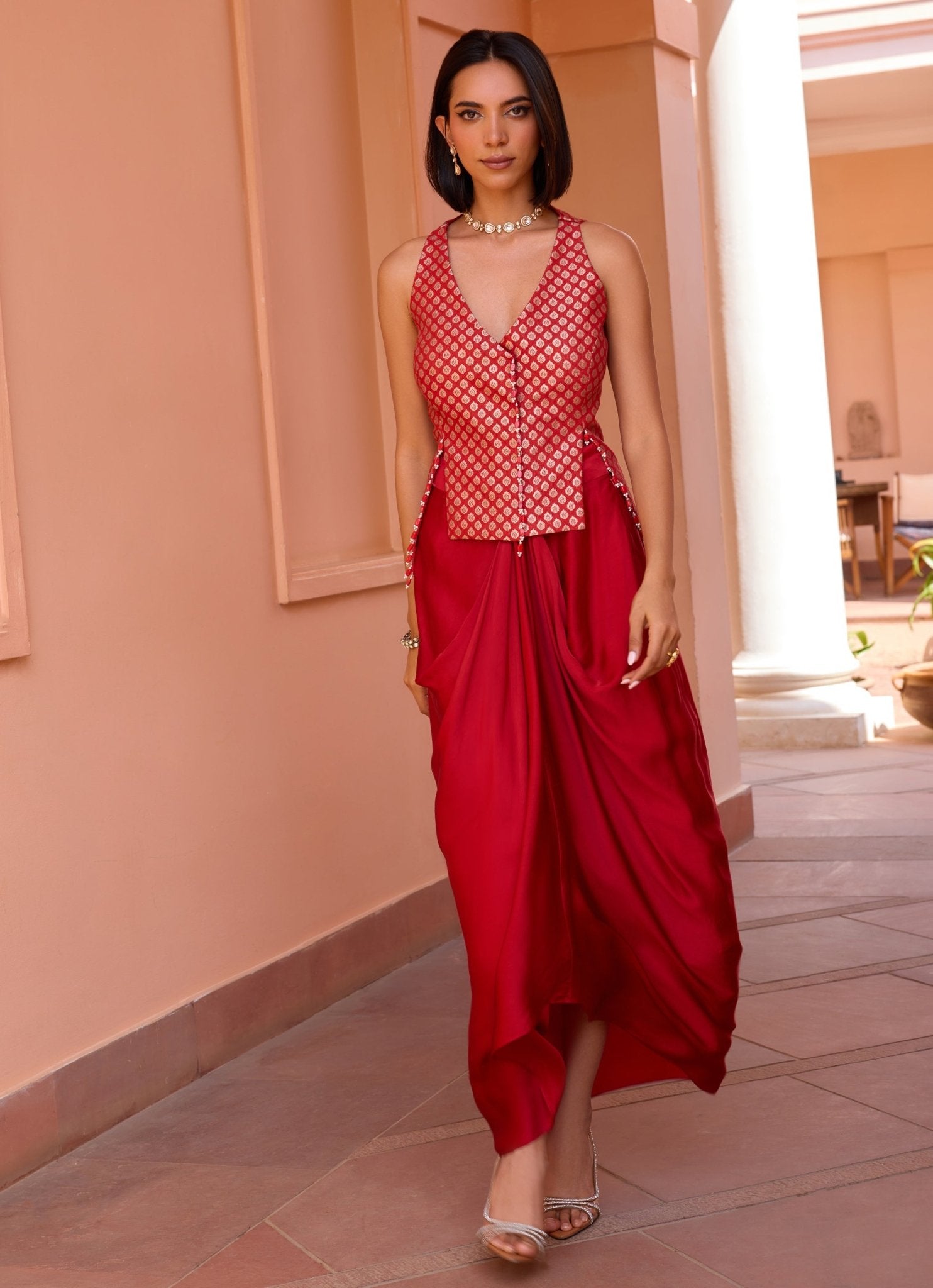 Red Embroidered Satin Skirt Set