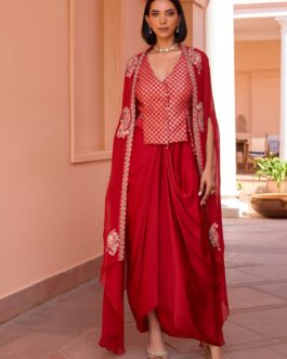 Red Embroidered Skirt Set With Cape