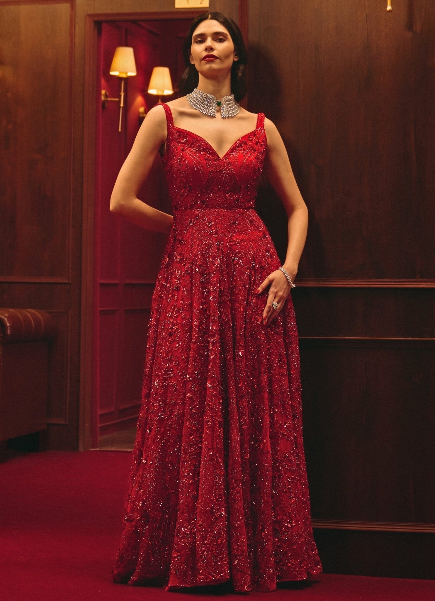 Red Embroidered Soft Net Gown