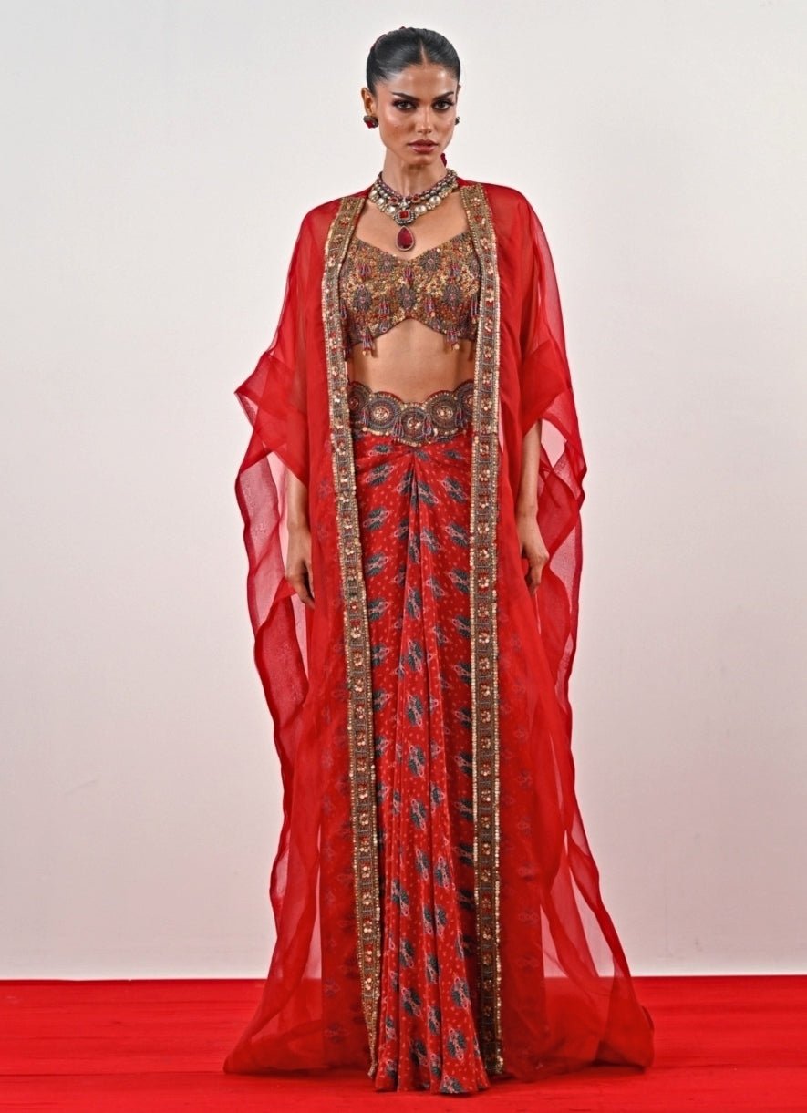 Red Printed Crepe Dhoti Set With Cape