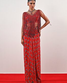Red Printed Crepe Dhoti Set With Tassle Top