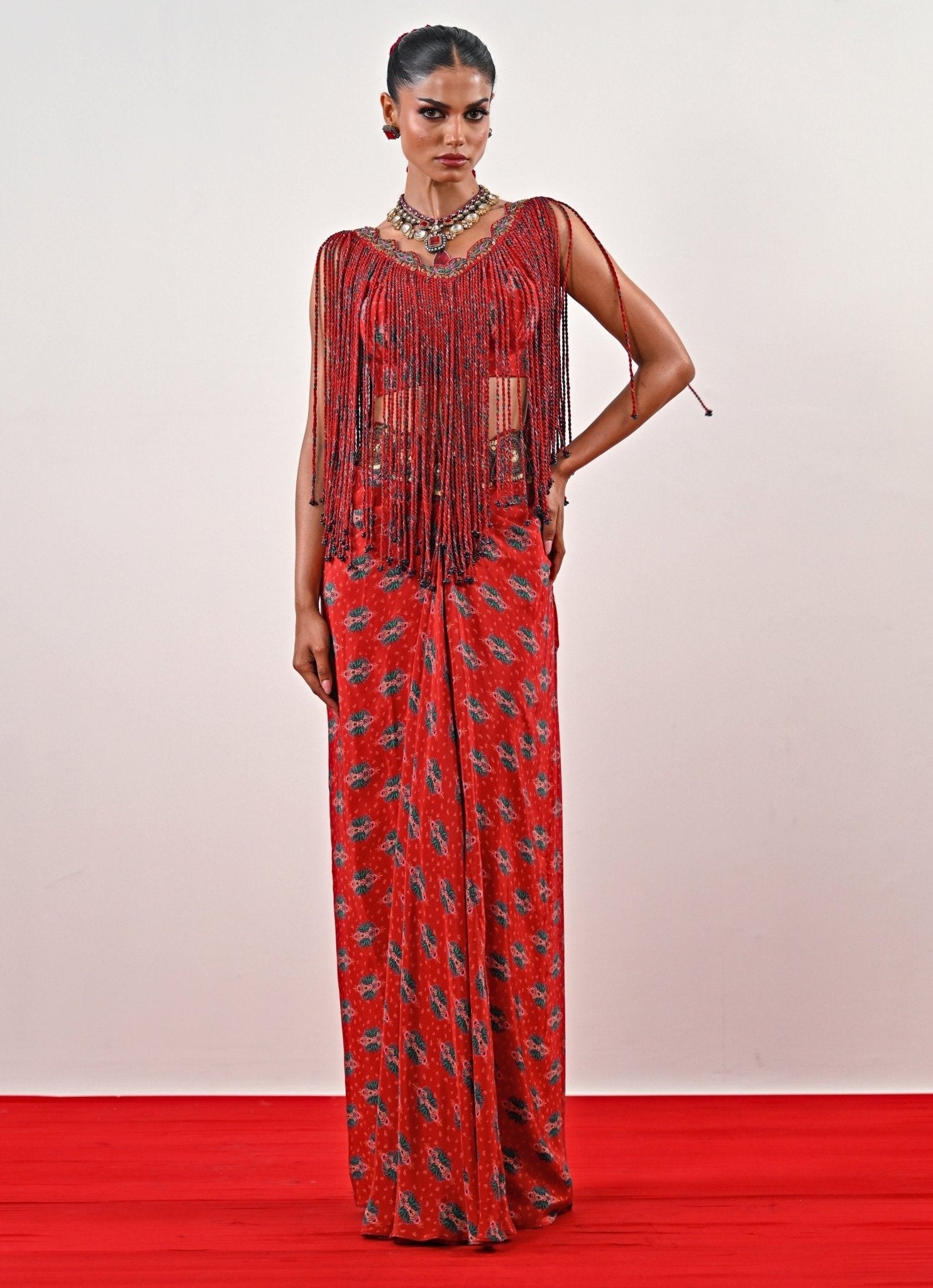 Red Printed Crepe Dhoti Set With Tassle Top