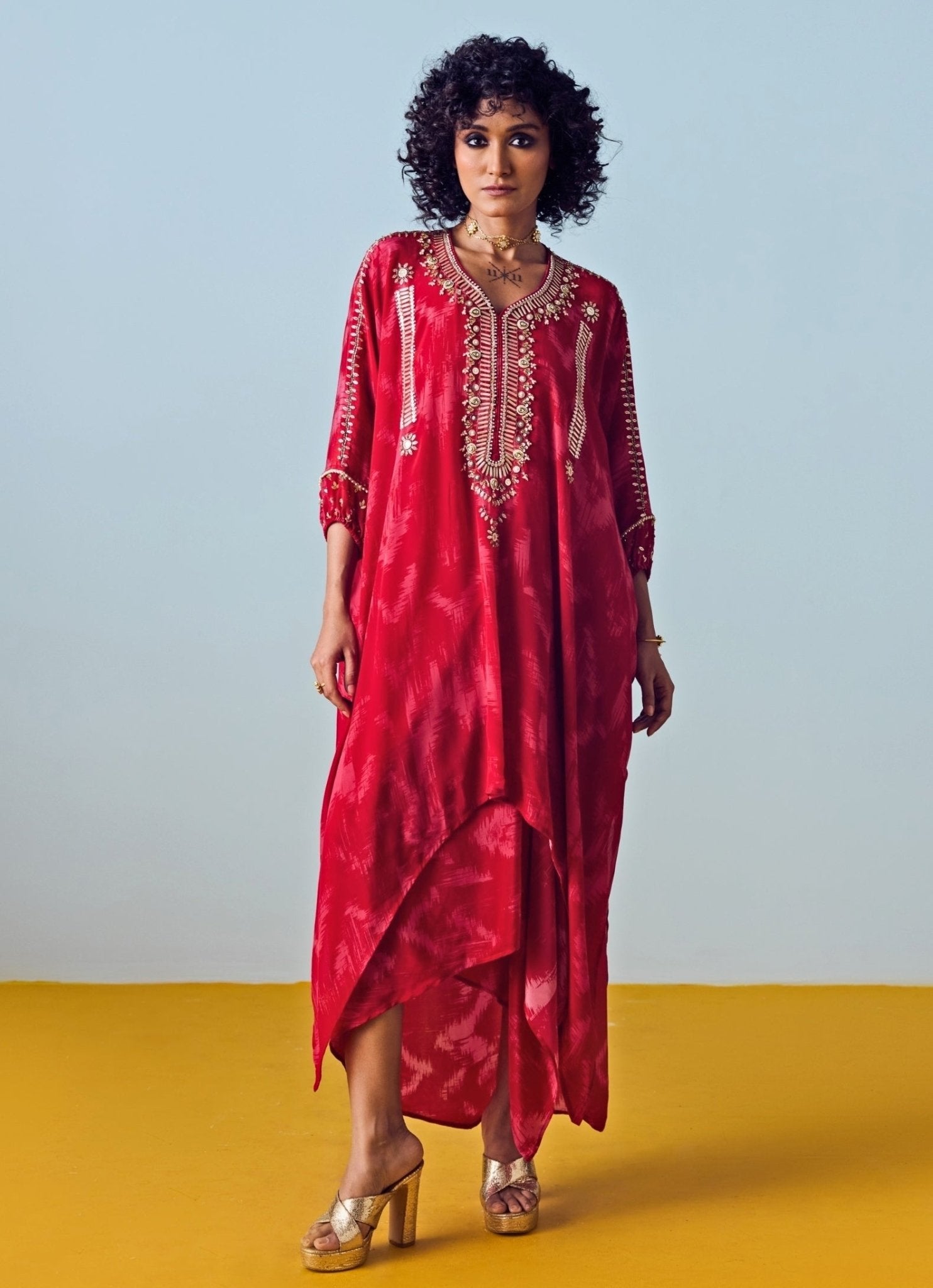 Red Printed Crepe Silk Kaftan Drape Skirt Set