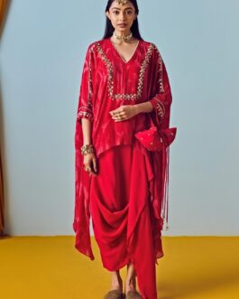 Red Printed Crepe Silk Tunic With Drape Skirt
