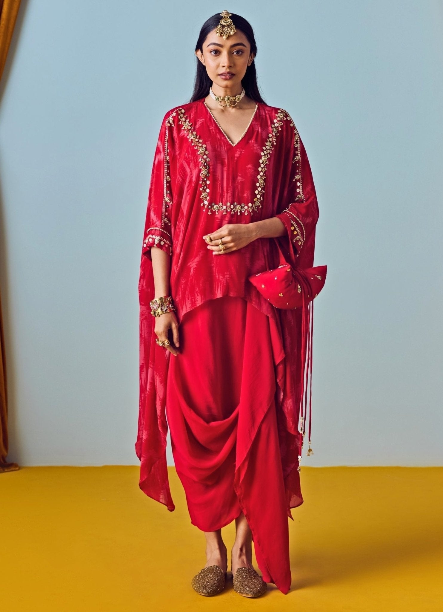 Red Printed Crepe Silk Tunic With Drape Skirt