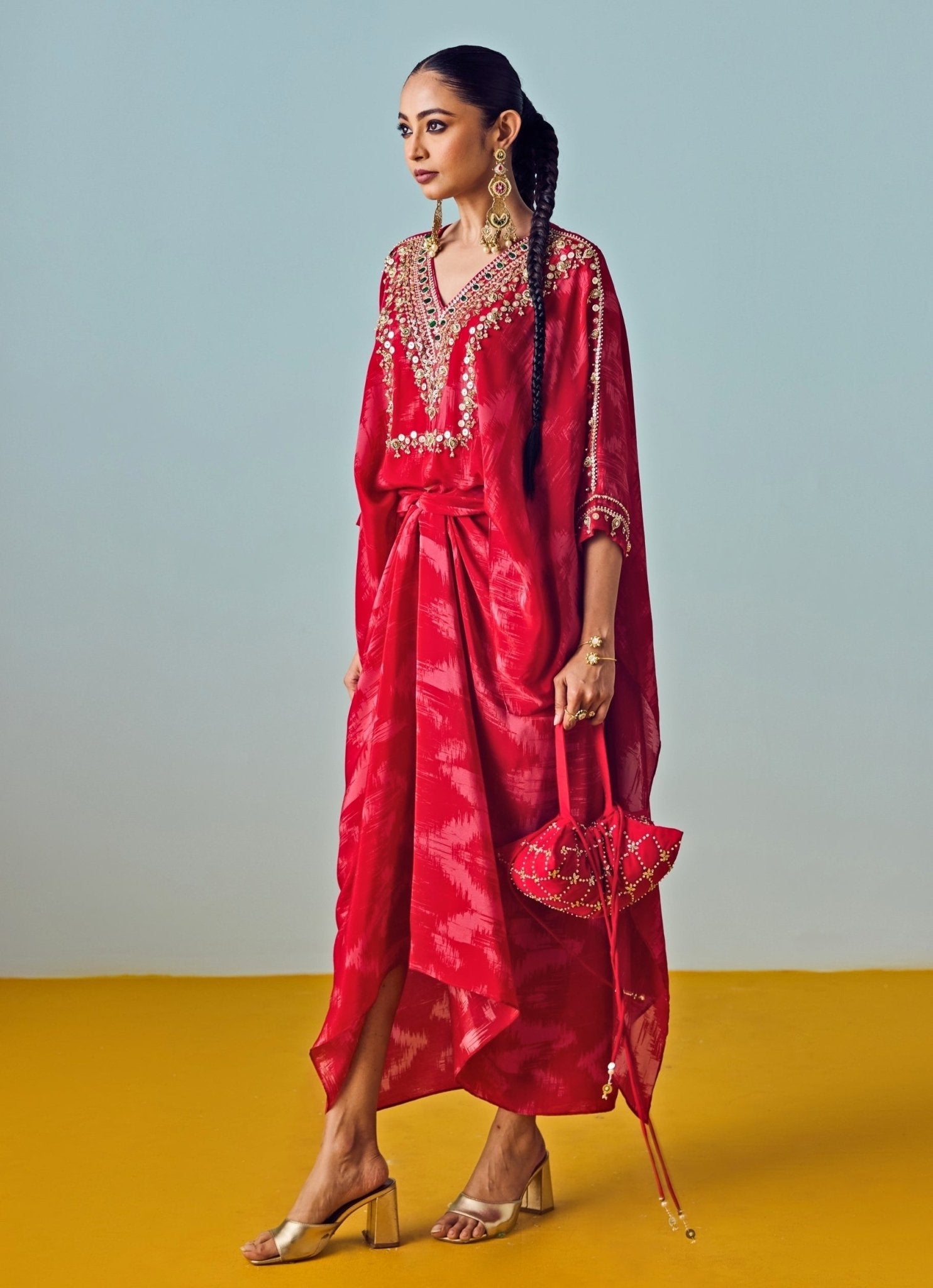 Red Printed Crepe Silk Wrap Skirt Set