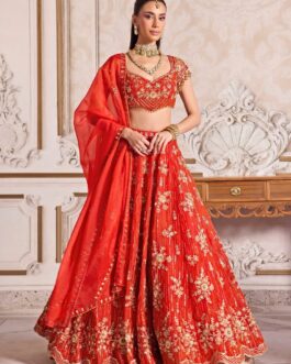 Rust Orange Embroidered Organza Lehenga Set
