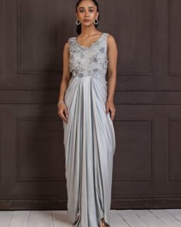 Silver Floral Embroidered Satin Gown